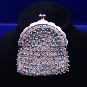 Vintage Crochet Coin Purse with Blue Accents